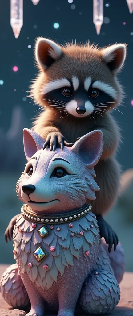 A photo of a fluffy baby raccoon sitting on top of a shiny, iridescent statue of a mythical fox-like creature. The raccoons black mask-like markings are visible. The statue is adorned with jewels and intricate designs. The raccoon is gently touching the st...