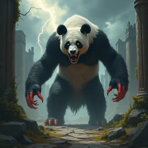 "A terrifying panda in the middle of ancient, crumbling ruins, standing as a monstrous guardian in this forsaken place. Its fur is a matted mess of black and white, marked by blood-red streaks, while its eyes burn with an unsettling amber glow. The pandas ...