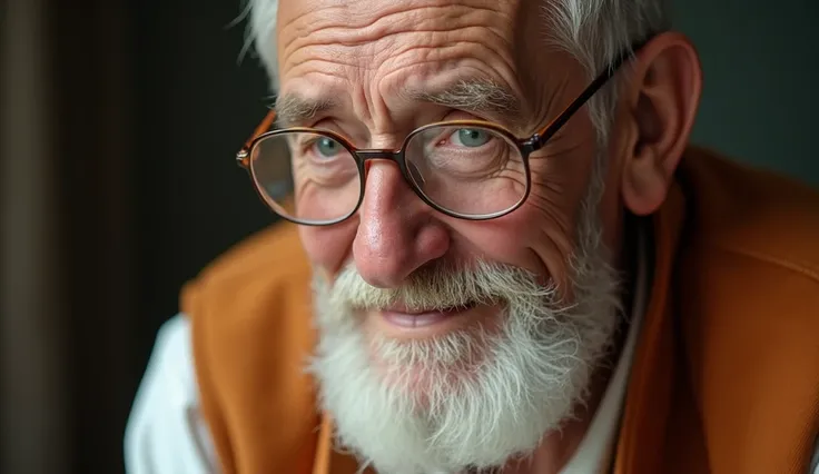 Show a close-up of the old man’s face, An elderly, wise-looking man with short white hair, a neatly trimmed beard, and glasses. He wears a white shirt, beige trousers, brown loafers, and an orange sleeveless jacket.  with his eyes welling up with tears. Fo...