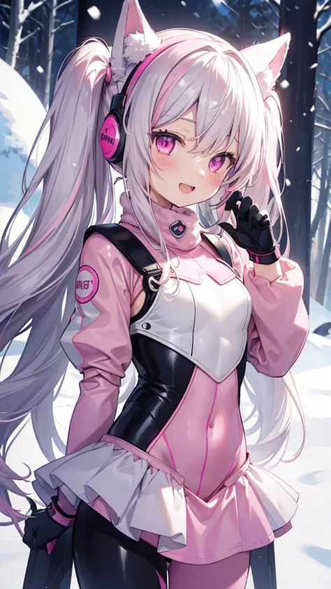 masterpiece, best quality, smile, solo, 1girl, smile, open mouth, AddXL,HDR, score_9, score_8_up, score_7_up, source_anime BREAK, alicedef, twintails, very long hair, grey hair, fake animal ears, headset, pink eyes, (((pink bodysuit, shrug (clothing)))), m...