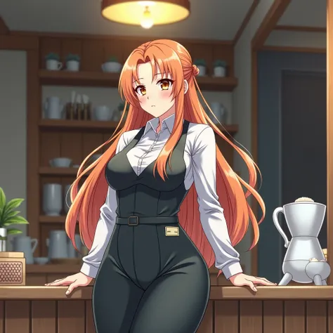 Physically fit adult woman with long red hair and large breasts wearing a long-sleeved uniform from a Japanese coffee shop anime version