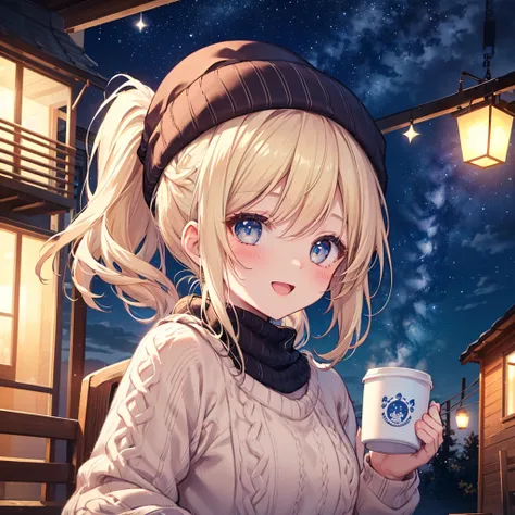 ( Best Quality 、8k、masterpiece))、(( 1 girl ))、((cute))、 big smile、 blushes her cheeks 、 opening mouth、 blonde hair 、 ponytail、 super detailed face、Ultra-detailed eyes、Ultra detailed hair、 knitted sweater with coffee in hand、Knitted hat、Campsite、 beautiful ...