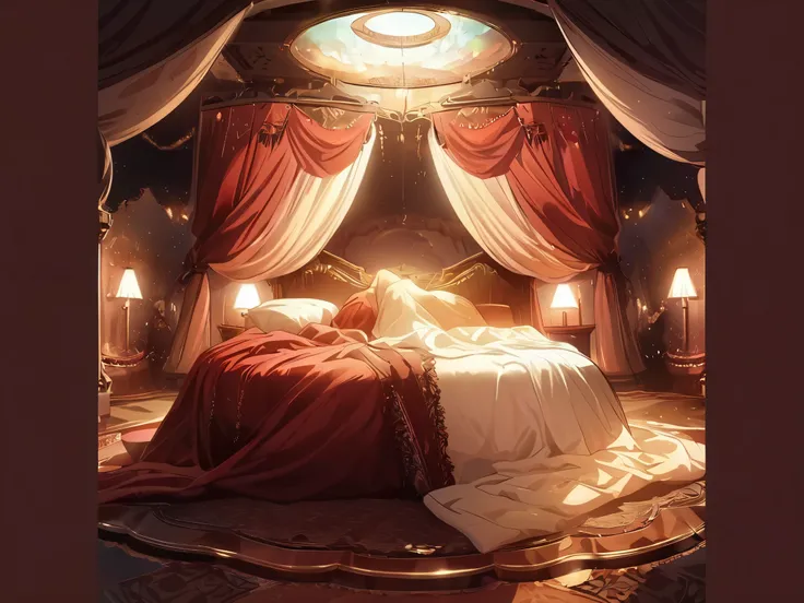 High Resolution, no people, artwork, hazy, gorgeous, red, roman, ethereal, magical, bedroom, circle bed, lots of fabrics, dark lighting, warm hues, soft light hitting bed, upper angle, very red