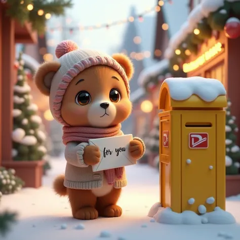 PROMPT:  soft Pixar-Disney style 3D . A sweet, small,  soft baby bear in warm soft winter clothes with an envelope in both hands on which stands modern calligraphy "for you" ( German correctly spelled )  the bear is standing next to a yellow German mailbox...