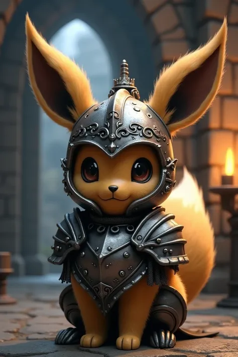 An Eevee wearing a medieval knights helmet that covers his face from various angles