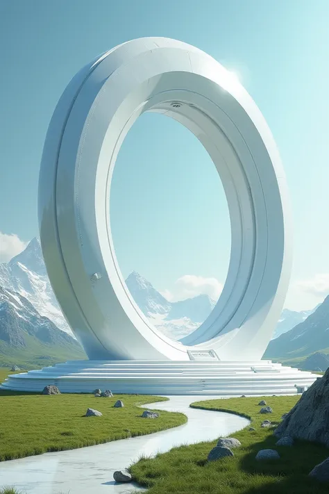  A large portal , white and oval ,  on top of a huge white platform .  12 other small portals around .  The background with a green plain close to mountains.