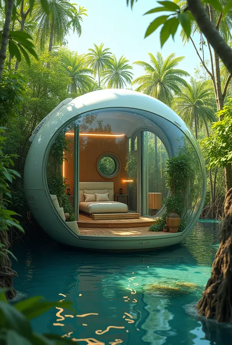 science-fiction; Concept art d’un petit refuge secret accueillant caché dans une mangrove; l’architecture du petit refuge secret est très futuriste; l’intérieur du refuge a l’air confortable et chaleureux; bien qu’il soit de petite taille, il dispose d’un ...