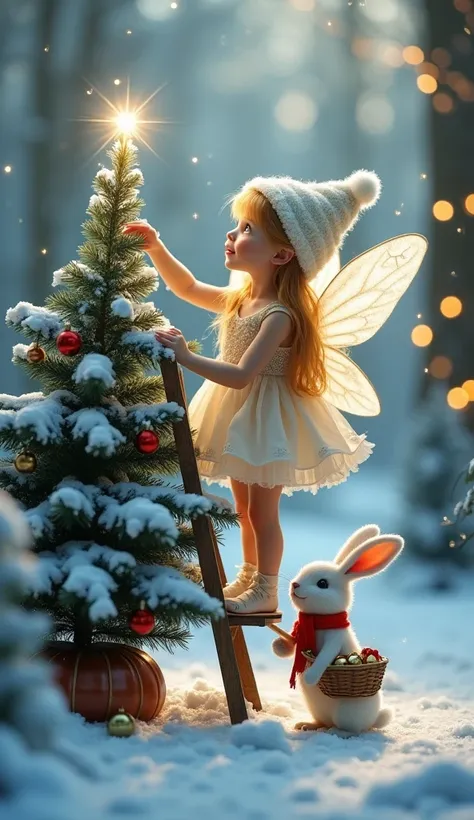 A realistic scene of a cute baby elf with long golden hair and a sparkling white dress standing on a small ladder, placing a shining star on a snow-covered Christmas tree. Below her stands a white rabbit with a red scarf, holding a basket of ornaments. The...