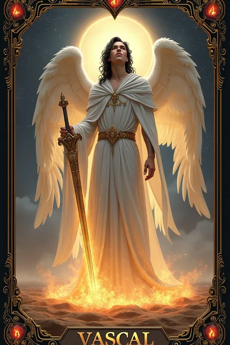 "Create a captivating tarot card featuring Vascal, the Fallen Seraphim of Limitation. In his regular form, Vascal stands gracefully at the center, embodying ethereal beauty and divine presence. He wears a long, flowing white robe with a hood, reminiscent o...