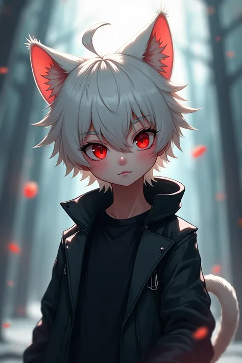 Cartoon white-haired boy cat ear red eyes in black jacket 