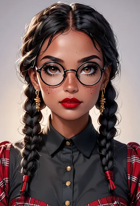 Masterpiece, best quality, portrait, woman, tanned skin, red lipstick lips, black hair that she always has tied in two braids that fall over her shoulders, wears big round glasses, dark brown eyes, wears dark makeup, freckles, beautiful