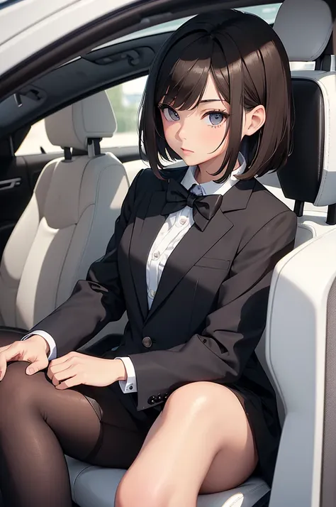 ((best quality)), ((masterpiece)), (detailed), 1girl, asian young woman, short bangs, brown hair, brown asian eyes, feminine, bowtie, black tuxedo jacket, black dress skirt, short white socks, fancy black shoe, sitting  in a light grey 1999 nissan GT-R R34...