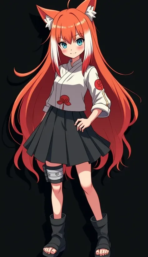 High quality 8k anime style inspired by Naruto Shippuden full-bodied girl with fiery orange red hair and very smooth with two white locks highlighted on the front, similar to those of Rogue from the X-Men, light blue-green eyes without blushed skin, beauti...