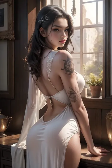 Create a hyper detailed photograph of a tattooed young sexy , Stunningly perfect gorgeous feminine face, perfect makeup, detailed vibrant eyes, platinum  dutch hair, long detailed beautiful legs, detailed beautiful  arms, big thighs, detailed silky smooth ...