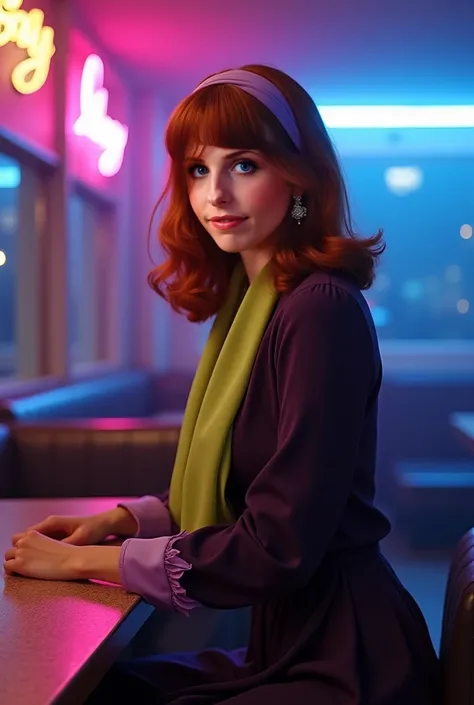 Sarah Michelle Gellar wearing a dark purple dress with long sleeves with lilac hems, a lime green silk scarf, white woman, in her early 20s, pretty classy medium wavy redhead 60s perfect hair with perfect bangs and a lilac headband, pretty, cute, classy wo...