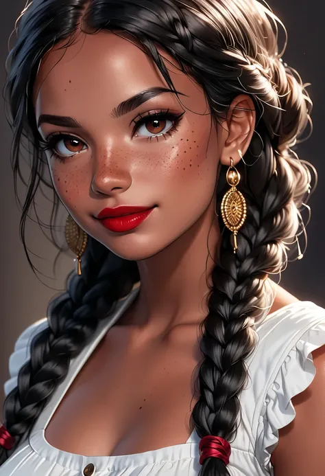 Masterpiece, best quality, portrait, woman, tanned skin, red lipstick lips, black hair that she always has tied in two braids that fall over her shoulders, dark brown eyes, wears dark makeup, freckles, beautiful, slight smile