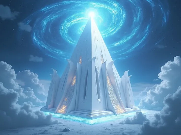  High resolution ,  masterpiece,  The best quality , Premiado muchas veces,  tall details, Magic Academy floating huge white pyramid with magic flowing around it in blue, fairy tale