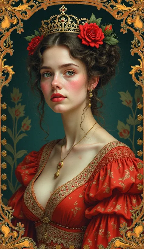 superimposed illuminated Dickensian folio text Fresco mixed with realism and pop art with pops of color, a gorgeous regal model, Com-media dellarte, feminine, gentle lyricism, lush and detailed, 