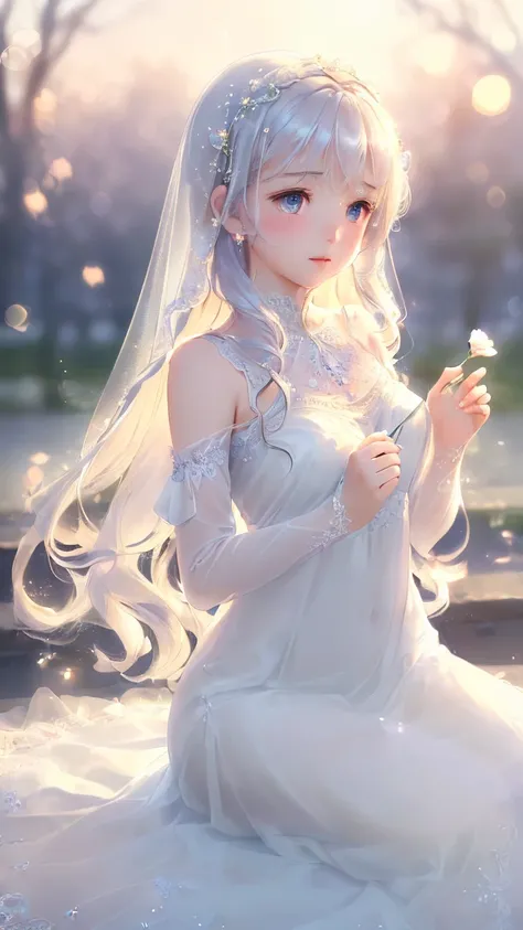 (masterpiece:1.4, best quality:1.4, ultra detailed:1.3, highres:1.2)
(beautiful young girl:1.4, elegant:1.3, innocent face:1.3, delicate features:1.2)
(long flowing hair:1.3, soft wavy hair:1.2, shiny hair:1.2)
(pure white dress:1.3, lace details:1.2, flow...