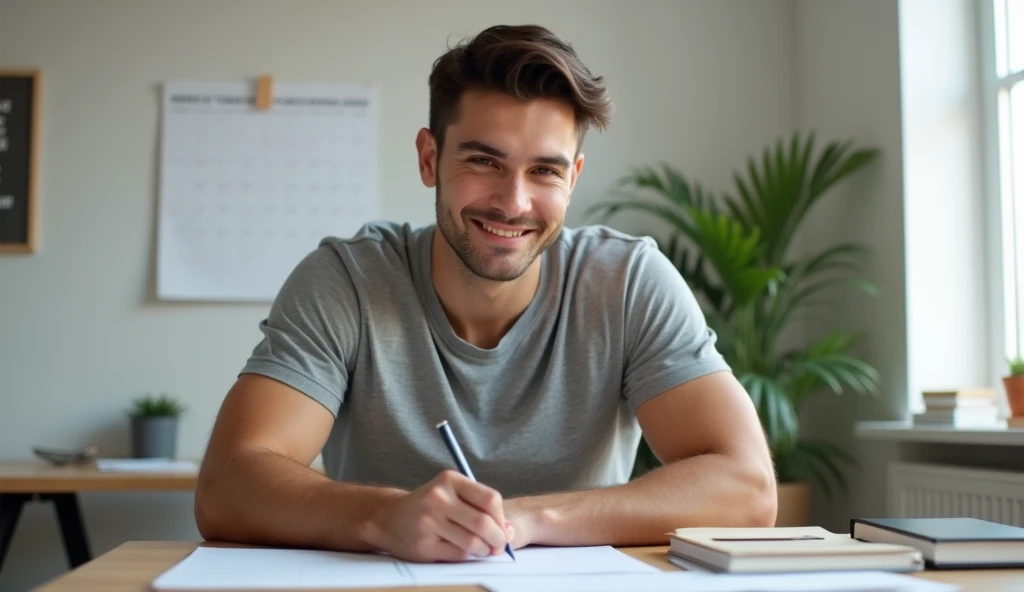 A young man in his late 20s, with short black hair and a strong build, sitting at a desk in front of a wall calendar, writing down his financial goals. He looks determined, with a slight smile on his face. The room is minimalistic, with a motivational post...