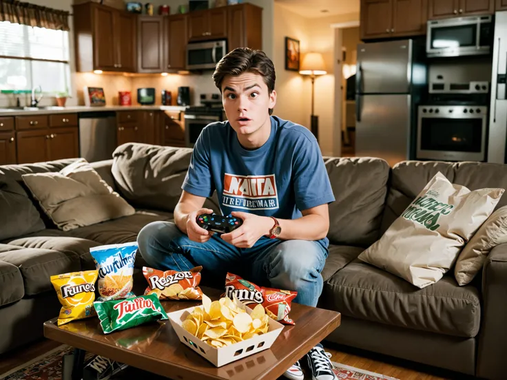 A cozy living room where a 20-year-old gamer sits on the couch, intensely focused on a fast-paced game displayed on the TV. He’s dressed in casual streetwear, holding a controller, with an open bag of chips beside him. The coffee table is cluttered with so...