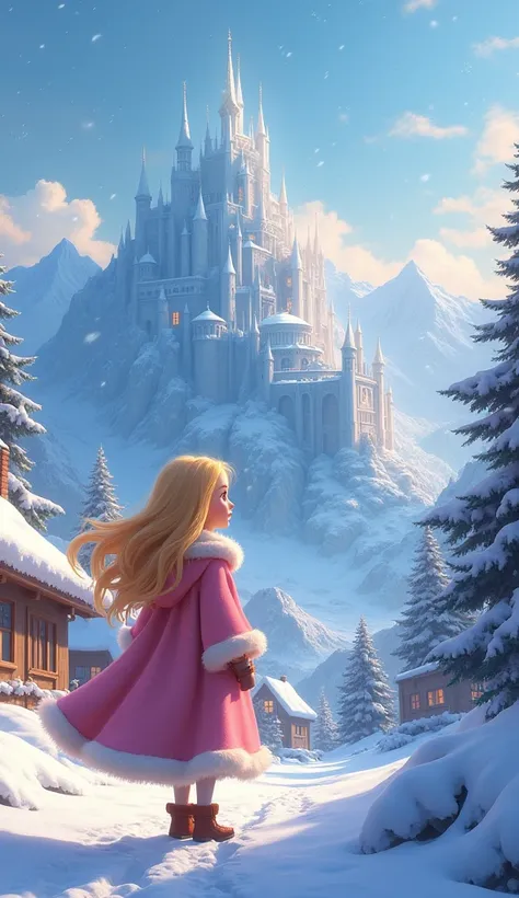  Animated image : "A magical winter village surrounded by snowy mountains. A blonde girl with flowing golden hair, wearing a pink fur-lined cloak, stands in awe of a shimmering Snow Palace glowing atop a distant peak. The snow sparkles in the sunlight, cre...