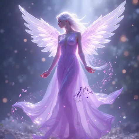 Angel body made of clear purple elegant crystal Music lines and notes surrounded her like a wind