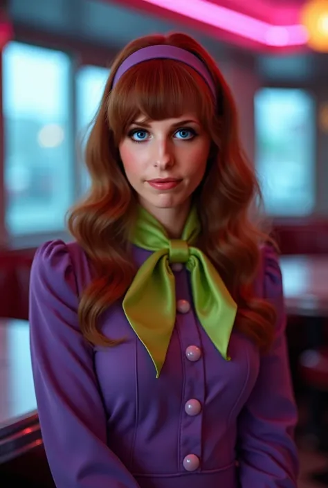 Sarah Michelle Gellar wearing a amethyst purple dress with long sleeves with lilac hems, a lime green silk scarf, white woman, in her early 20s, pretty classy medium wavy redhead 60s perfect hair with perfect bangs and a lilac headband, pretty, cute, class...