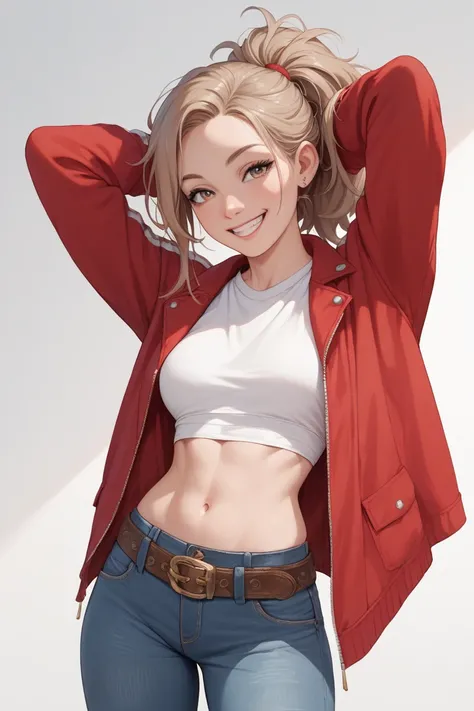 girl with pale skin and long light brown hair done in a messy ponytail wearing a red jacket over a white T-shirt crop top and navy jeans with a brown belt, extremely skinny, smiling