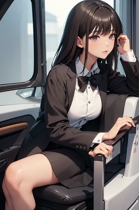 ((best quality)), ((masterpiece)), (detailed), 1girl, asian young woman, short bangs, brown hair, brown asian eyes, feminine, bowtie, black tuxedo jacket, black dress skirt, short white socks, fancy black shoe, sitting  in a light grey 1999 nissan GT-R R34...