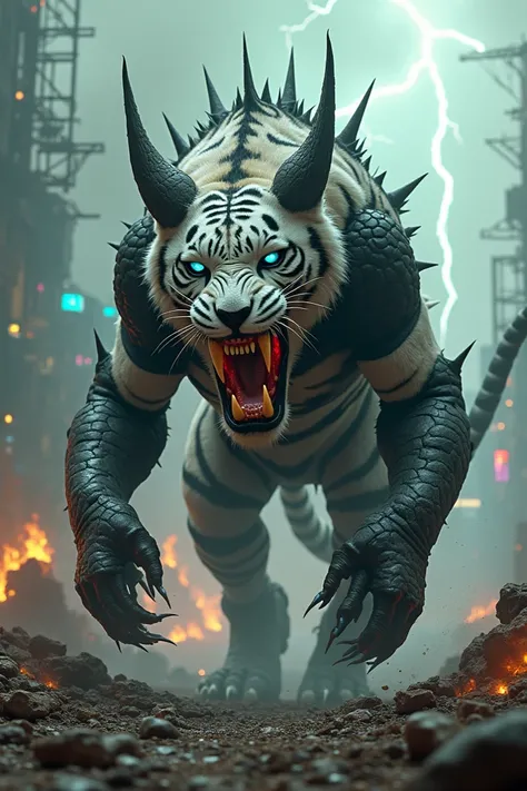 "A colossal and terrifying hybrid creature, born from the fusion of a white tiger and a panda, stalks through the heart of a desolate futuristic wasteland. Its body is a grotesque amalgamation of sleek white tiger fur intertwined with jagged, blackened pan...