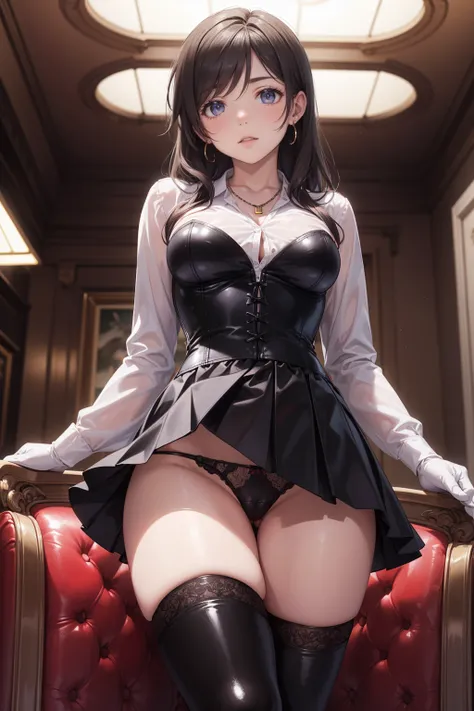 Nozomi Tojo , nozomi always, Long curly black hair,  masterpiece ,  Best quality ,  high definition , beautiful,  detailed eyes ,  extremely detailed face ,  Good lighting , Detailed CG, 1 woman, (vagina, black leather panties ), ( The panties are visible ...