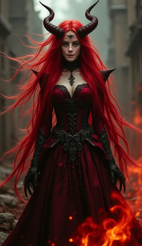 nsfv,  top quality  (4K,  high definition ,  masterpiece :1.2),  overdetailed ,  realistic  (photo- realistic :1.37), Eyra ,  Red Queen of Rage ,  fascinating , portrait, (( standing in a captivating red velvet dress)),  alluring and at the same time frigh...