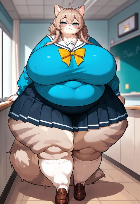 Anime style cat Furry women, (fat gigantic breasts) (very wide gigantic hips) very long huge legs, in the school uniform, 