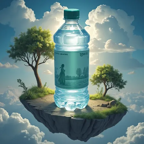 A bottle of water is on the island,  the island is floating in the air 