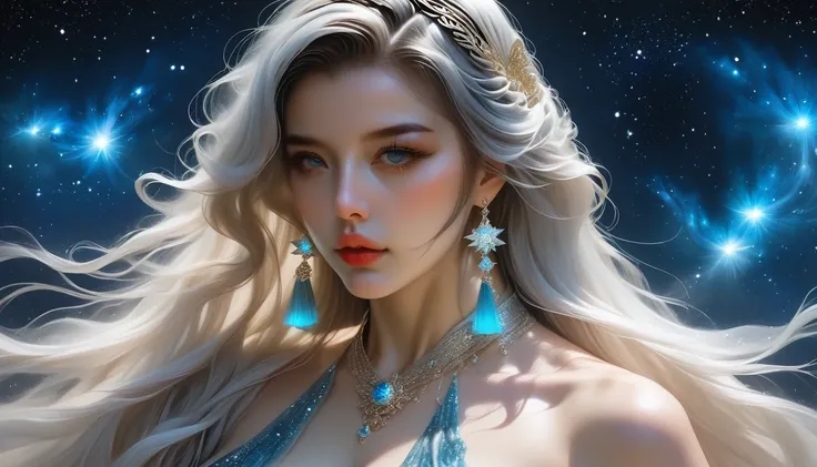 A Japanese anime-style image for a song titled โซ่แห่งดวงดาว (Chains of Stars). The image features a beautiful, mature woman with a mesmerizing and graceful aura, standing under a celestial night sky filled with countless glowing stars. She is surrounded b...