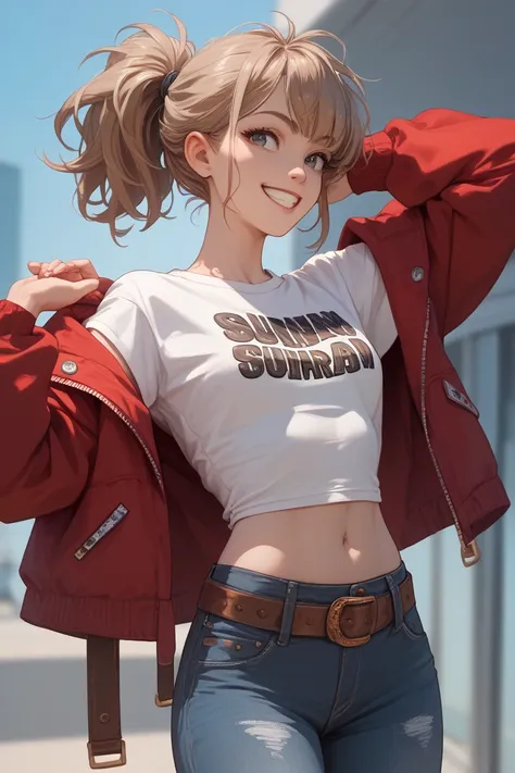 girl with pale skin and long light brown hair done in a messy ponytail wearing a red jacket over a white T-shirt crop top and navy jeans with a brown belt, extremely skinny, smiling