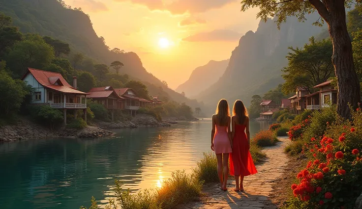 A small village by the river, three slender Brazilian girls in a micro dress, chest size 6, mountains in the background, floral flowers colorful, detailed landscape, beautiful natural landscapes,  atmospheric lighting , scorching sunset, warm colors, Pract...