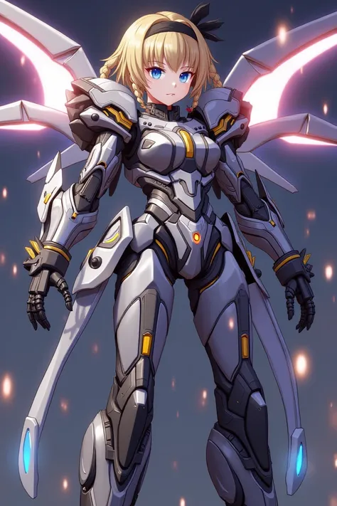 Mecha ,cowboy shot, gorgeous armor, no humans, glowing, detailed robot, robot joints, complex full armor, hyper detailed, 
1girl, high-tech machinery, sparks flying, mecha, robot,
violet evergarden, violet evergarden (series), blonde hair, blue eyes, hair ...