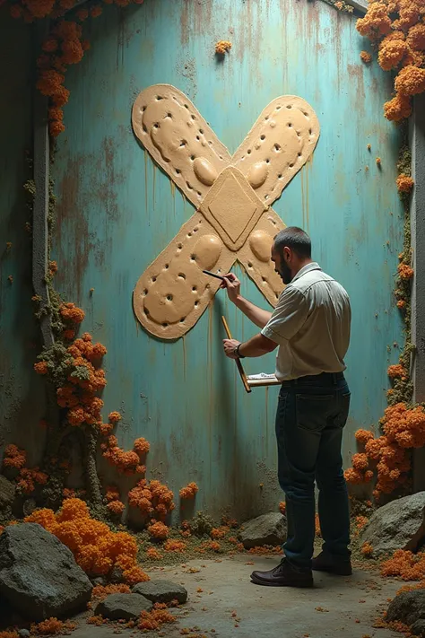 A painter paints a wall full of fungi and moisture with his brush and forms the image of a band-aid or a blessed one on the wall with the paint he uses.