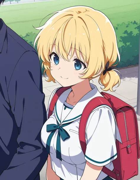 masterpiece, best quality, score_9, score_8_up, score_7_up, score_6_up, score_5_up, score_4_up, source_anime, 1girl, medium breasts, wavy hair, messy short cut, blonde hair, blue eyes, small pigtails, wearing japanese sailor school uniform, japanese red ba...