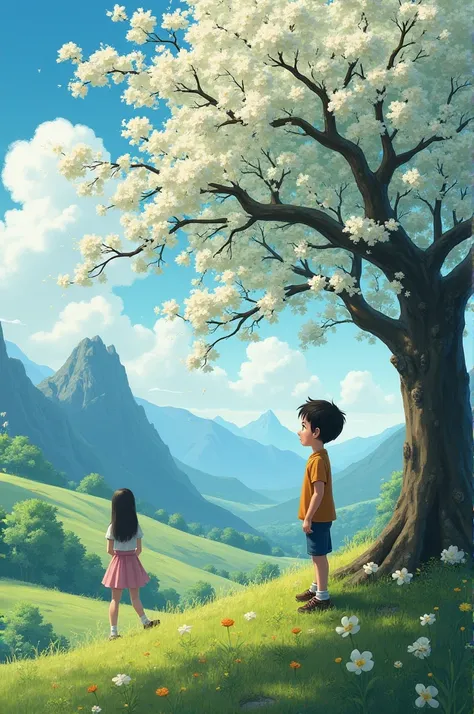 A boy standing near a large, beautiful May tree is watching a beautiful girl walking on a distant mountain.