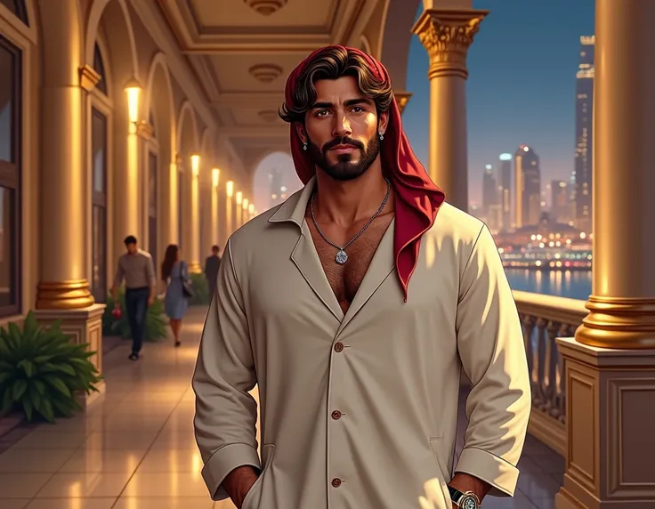 horizontal image. Full body portrait .  Realistic illustration. digital art.  Aesthetic image .  Attention to detail ,  detailed image . pose frontal. Front focus.  Arab man walking on the porch of a luxurious and majestic hotel with golden columns. Very h...