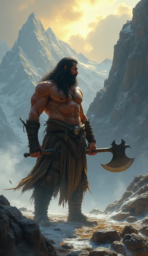 The Mountain Barbarian

Against a backdrop of jagged peaks and a sky split with golden light, the Mountain Barbarian stands firm. His bronzed skin glistens with a layer of sweat as his colossal muscles ripple with each movement. His black hair and beard fl...