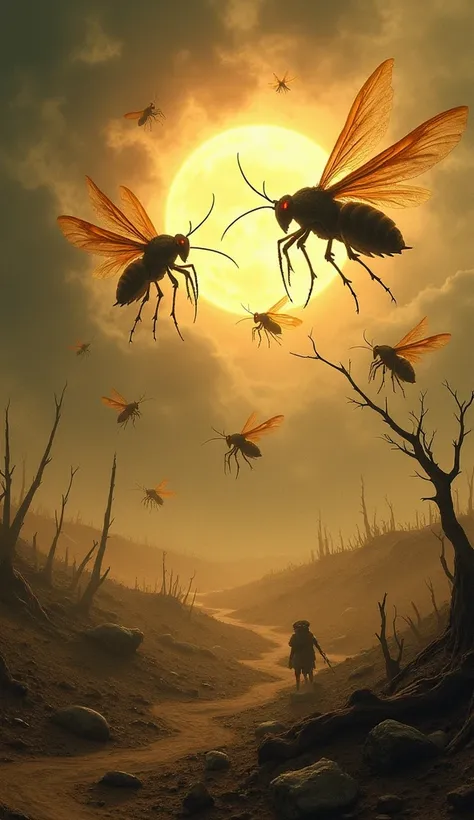 "Depict an apocalyptic swarm of locusts, their insectoid forms detailed with spiked legs, translucent wings, and glowing eyes, blotting out the sun. The ground below is stripped bare, crops destroyed, and trees reduced to skeletons as the swarm ravages the...