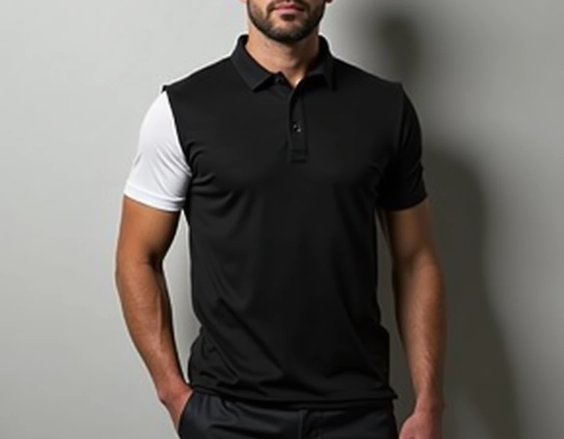 Create a mens black polo shirt with white ribbed sleeves