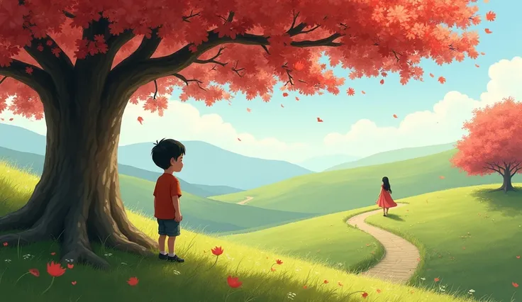 A boy standing near a may tree with large red flowers watches a beautiful girl walking on a distant hill.