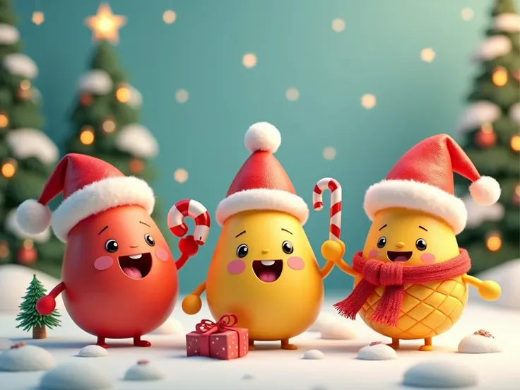 "Create a 3D illustration of various fruits with cute, smiling faces, arms, and legs, all celebrating Christmas. The fruits—such as apples, oranges, grapes, and pineapples—should have bright, cheerful colors and be wearing festive Christmas attire like San...