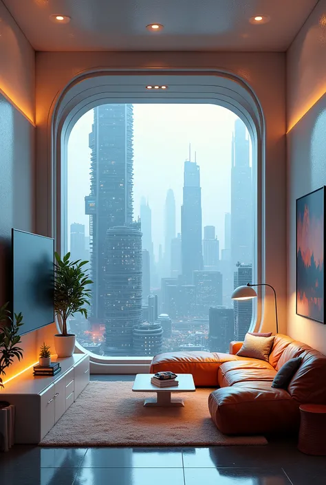  Science-Fiction ;  Concept art of the living room of a small, welcoming studio;  the design of the small studio is very futuristic ;  the interior of the studio looks cozy and warm ;  although it is small in size , It is furnished in a welcoming way ; fut...