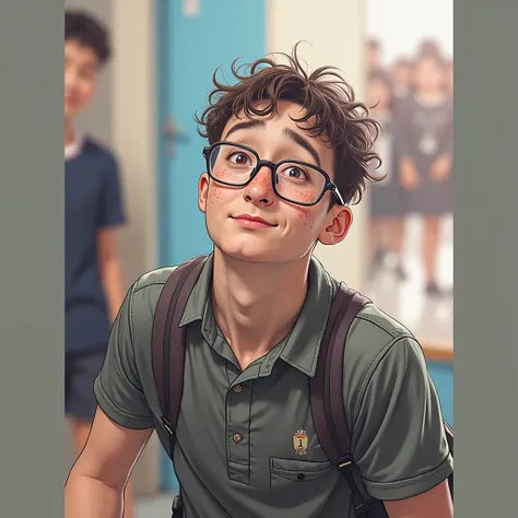 make a curly head  , with big glasses, with alot of freckles and pimples, in the school with alot of people laughing at him in the background, he has chinese eyes 